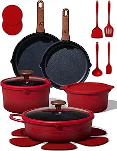 CAROTE 20Pcs Titanium Cookware Set, Pots and Pans Set Non Stick, Kitchen Cooking Set with Detachable Handle, Non Toxic Induction Cookware - Camping Cookware, Dishwasher/Oven Safe, Red