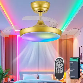 30" RGB Ceiling Fan with Light Gold Chandelier Fan Modern Fandelier Dimmable LED 6-Speed Reversible,Remote APP Control