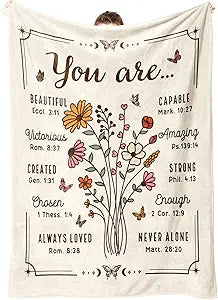 Christian Gifts for Women, Christian Floral Throw Blanket, Birthday Religious Gifts for Women Friendship, Inspirational Scripture Faith Gift for Friend, Sister, Mom, Daughter (60'' x 80'', Beige)