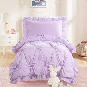HOMBYS 4 Pieces Purple Princess Toddler Bedding Set for Girls Kids, Ultra Soft Pinch Pleat Comforter Set with Ruffles for All Season