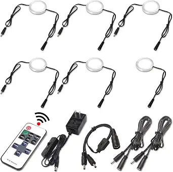 Under Cabinet LED Puck Lights, Remote, AC120V, Black, 6 Lights, Daylight