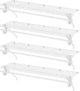 PROWORX Closet Shelves Wall Mounted with Hanging Rod, 4 Pack 4 ft x 12 in White Wire Shelving Kit, Metal Wall Shelf Organizer for Home, Pantry, Laundry Room Storage