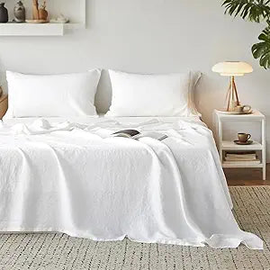 Simple&Opulence 100% Washed Linen Sheet Set-Natural French Flax Bed Sheet-4 Pc Breathable Soft Bohemian Chic Bedding (1 Flat Sheet,1 Fitted Sheet,2 Pillowcases) with Hollow Hemstitch-Knot White, Queen