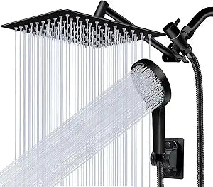 Shower Head,10Rain Shower Head with Handheld Spray Combo with 11'' Angle Adjustable Extension Arm/Flow Regulator/Shower System,High Pressure Rainfall Shower Head Clean Bathroom,Matt Black