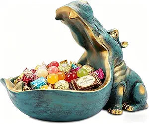 Hippo Candy Dish & Key Bowl for Entryway Table, Whimsical Home Decor Animal Figurine, Large Decorative Bowl for Office Desk, Funky Resin Storage Jar for Keys, Jewelry and Snacks