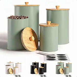 Kitchen Canisters for Countertop Set of 4 with Customizable Chalkboard Labels & Marker Pen - Big Iron Kitchen Canisters with Airtight Lids - Sage Green Canister Set - Flour and Sugar Containers