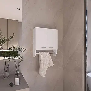 Tuhome Optim Medicine Cabinet with Two Interior Shelves and Integrated Towel Holder, Compact Wall-Mounted Storage Organizer for Bathrooms, Kitchens or Mudrooms, Space-Saving Solution.