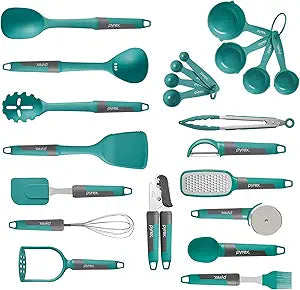 Pyrex 22-Piece Kitchen Cooking Utensils Set, Non-Stick Cooking Gadgets, Spatulas, Pizza Wheel, Grater, Measuring, and More