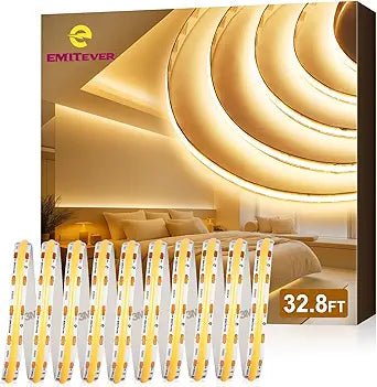 EMITEVER COB LED Strip Lights Warm White 32.8ft, 3000K 24V Dimmable Tape Light Premium High Density, 305LM+/ft, 4800LEDs, Ra 90+, 3W/FT, UL Listed for Cabinets, Shelves(Power Supply Sold Separately)