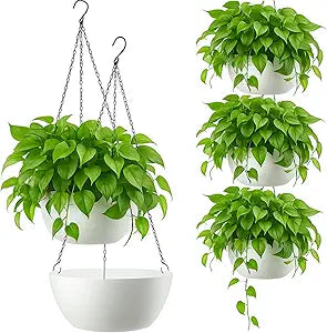 Maxcheck 4 Pack 13 Inch Large Hanging Planters Indoor Outdoor Flower Pots, Plant Containers with Drainage Hole Round Hanging Plant Pot for Home Garden Porch Balcony Patio Decor (White)