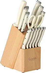 Sur La Table Kitchen Essentials Knife Set with Block, 14-Piece Forged German Steel Kitchen Knives, Beech Wood Block, Chef, Santoku, Bread & Steak Knives, Shears & Sharpener  Linen White