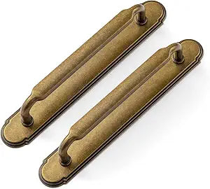 Goo-Ki 2 Pack Antique Brass Cabinet Pulls with Backplate Spacer, 5" Hole Center Vintage Brass Drawer Pulls Bronze Dresser Handles with Plate Kitchen Zinc Alloy Hardware