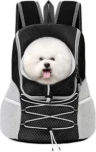 Pawaboo Pet Dog Carrier Backpack, Puppy Dog Travel Front Carrier for Small Medium Dogs Cats, Adjustable Breathable Dog Carrying Backpack with Safety Strips for Hiking, Walking (Black + Grey, L)