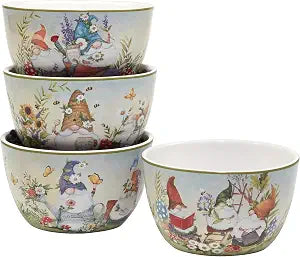 Certified International Garden Gnomes 24 oz. Ice Cream/Dessert Bowls, Set of 4 Assorted Designs