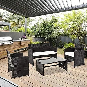 Outdoor Patio Furniture Sets - 3-Piece All-Weather PE Wicker Conversation Indoor Rattan Chair Wicker Set for Outdoor Indoor Use Backyard Porch Garden Poolside Balcony Terrace (4-Pieces Black)