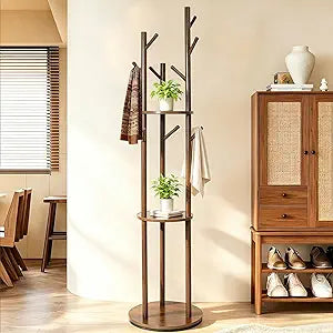 360 Rotating Wooden Coat Rack Freestanding, 9 Hooks & 3 Storage Shelves Entryway Coat Tree, Walnut Wood Garment Stand for Hat, Scarf, Handbag, Bedroom Hallway Home Organizer