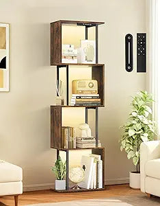 5 Tier S-Shaped Geometric Bookshelf with LED Light, 3 Color Temperatures, Touch & Remote Control, Dimmable Standing Bookcase, Small Display Shelf for Living Room, Bedroom, Office