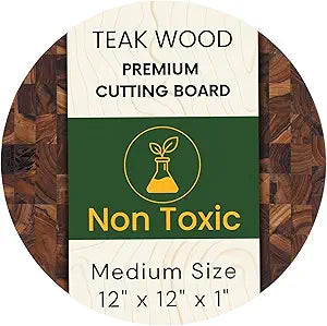 Teak Wood Round End Grain Cutting Board 11.8 Inch, Non Toxic Solid Wood Cutting Board for Kitchen Prep, Pizza & Serving Board with Handle by New M Way