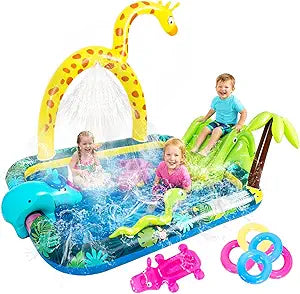 Inflatable Jungle Animal Play Center, Inflatable Water Park Kiddie Pool with Slide, Water Sprayer for Summer Outdoor Splash, Backyard and Garden 102.5" x75" x 54.5"