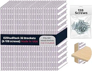 EZStudRack Shelf Bracket - Shelf Brackets for Wall - Wall Mount Shelf - Floating Shelf Hardware - Shelving Brackets for Home - Garage Shelf Brackets - Wood Not Included - 32 Pack (16 Pair) White