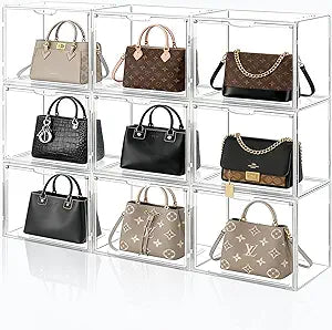 3 Pack Acrylic Purse Organizer for Closet, Stackable Clear Handbag Storage Bins with Magnetic Doors, Display Case for Purses, Hats, Books, and Collectibles
