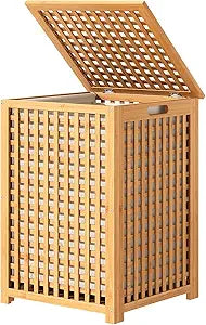 oakvivo Laundry Hamper with Lid, 17.7" x 17.7" x 25.6" Bamboo Laundry Basket with Removable Liner Bag and Handles, Raised Clothes Hamper Organizer for Laundry Living Room, Bathroom, Bedroom (Natural)
