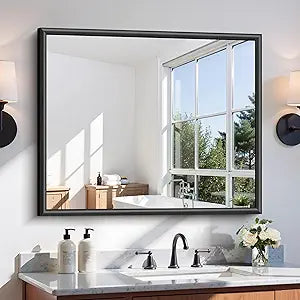 30x36 Inch Brushed Black Bathroom Mirror, Raised Metal Framed Bathroom Vanity Mirror for Over Sink, Anti-Rust, Shatterproof Rectangle Wall Mirror, Hangs Horizontally or Vertically