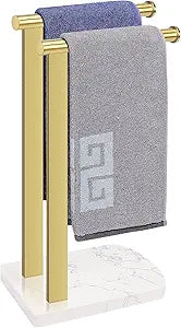 NearMoon Hand Towel Holder with Balanced Marble Base, SUS304 Stainless Steel Stand Towel Ring L Shape Hand Towel Rack Free-Standing Towel Bar for Bathroom Kitchen Countertop (Double Rod, Brushed Gold)