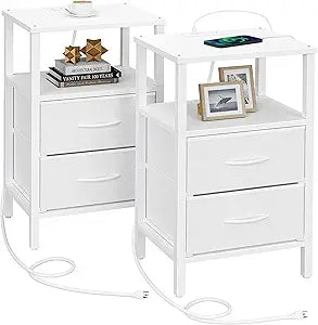 TUTOTAK End Table with Charging Station, Side Table with 2 USB Ports and Outlets, Nightstand with Cloth Drawer, Set of 2, Couch Table, White TB01BW067