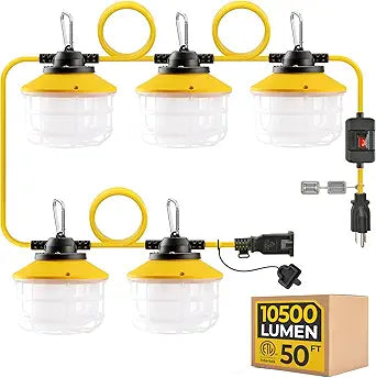 Outdoor Construction LED String Lights with Switch: Super Bright ETL Certified Industrial Temporary Hanging Lighting IP65 Waterproof Work Light 3 Prong 75W