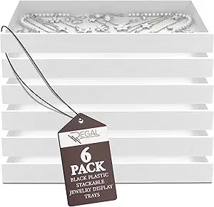 RJ Displays Stackable Jewelry Tray Set, Stackable Plastic Jewelry Organizer Tray, Jewelrys Drawer, Drawers Inserts, Earring Organizer for Women Perfect Trays 14.75x8.25x1 in (White, 6 Pack)