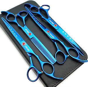 KINGSTAR 7.0in Titanium Blue Professional Pet Grooming Scissors Set,Straight & Thinning & Curved Scissors 4pcs Set for Dog Grooming,(Blue)