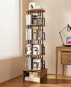 Kalrin 5 Tier Rotating Bookshelf with Extra Storage Cabinet, 360Spinning Corner Bookshelf, Floor Standing Bookcase for Kids & Adult, Narrow Book Shelf for Bedroom Living Room, Vintage Brown