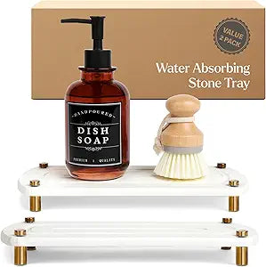 2PCS Water Absorbing Stone Soap Tray for Kitchen Bathroom Sink, Quick Dry Diatomaceous Earth Drying Rack and Shower Caddy, Soap Dispenser and Sponge Holder Organizer for Countertop, TWINKLE MOMENT; Pure White