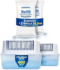 HUMYDRY Moisture Absorber Dehumidifier Device, Magnum Pack of 2 35.3oz with 2 Pre-Measured Refills, Up to 400 sq ft, Up to 180 Days Humidity Control, Fights Summer Humidity