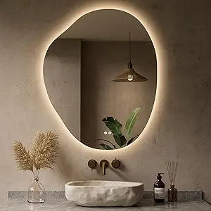 Keonjinn Asymmetrical Bathroom Mirror with Lights 30 x 36 Inch, Irregular Lighted Bathroom Mirror with Tempered Glass, Stepless Dimmable with 3 Colors, Anti-Fog Vanity Mirror (Horizontal/Vertical)