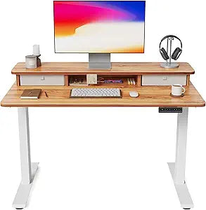 FEZIBO 40 x 24 Inch Height Adjustable Electric Standing Desk with Double Drawer, Stand Up Desk with Storage Shelf, Sit Stand Desk, Light Rustic
