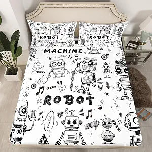 Cartoon Robot Kids Fitted Sheet Full Size,Hand Drawn Sketch Bedding Set,Boys Girls Room Decor,Intelligent Equipment Mechanical Tools Bed Cover,Black White Bed Sheet,2 Pillowcases(No Flat Sheet)
