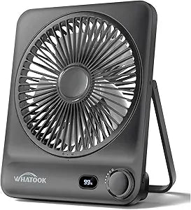 WHATOOK Large Travel Desk Fan: 10000mAh Battery 40 Hours Runtime Silent Rechargeable Fans, Quite Personal Portable Fan for Camping Bedroom Office Small Desktop fan (8.3 * 7.1inch Black) (Black)