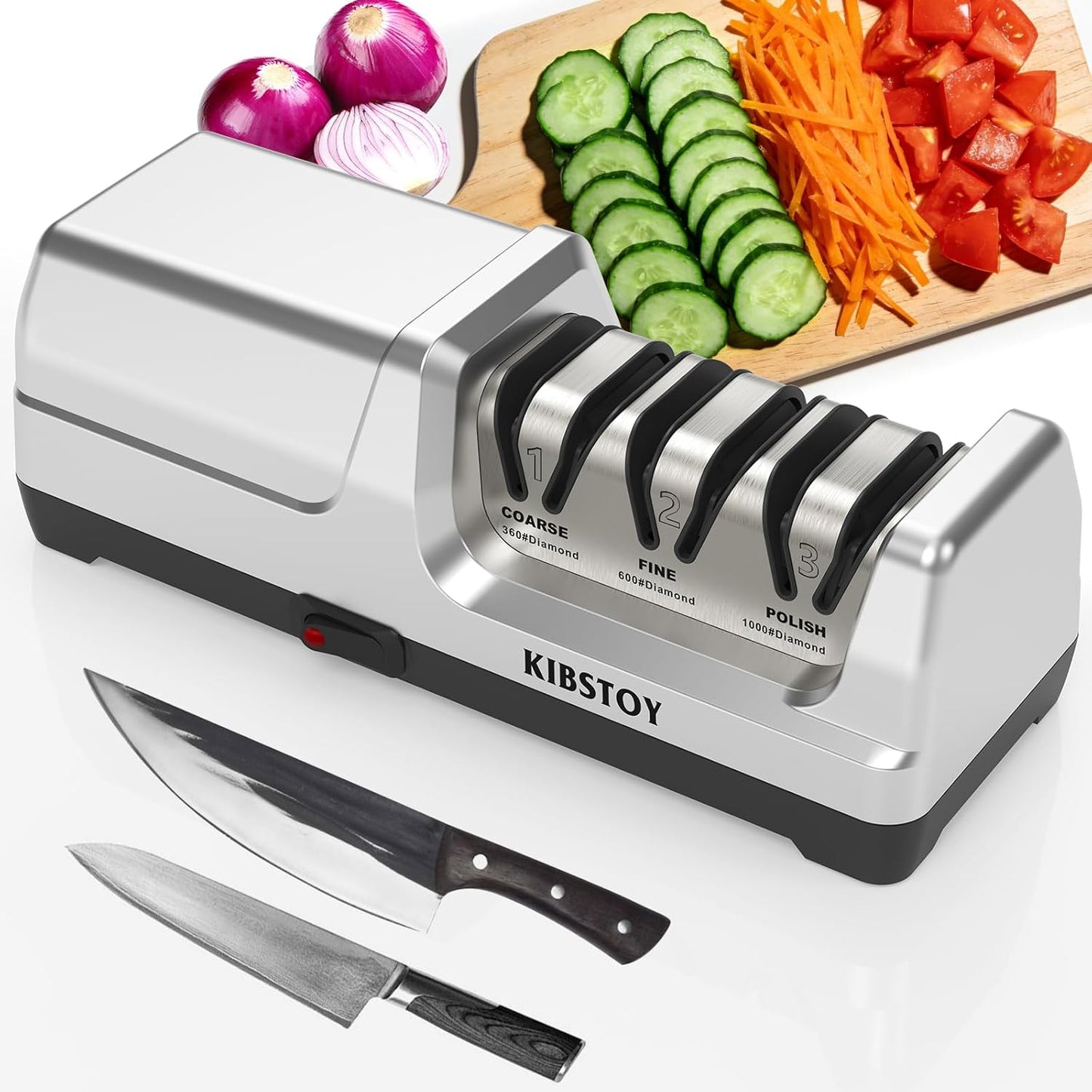 KIBSTOY Electric Knife Sharpener for Kitchen \u2013 Professional 3-Stage 100% Diamond System with 20 Precision Angle, Quickly Sharpening, Polish Blades\/Repairing\/Restoring