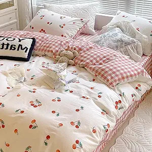 Duvet Cover Queen Size Red Cherry - Checked Comforter Cover Soft & Lightweight Microfiber Quilt Cover with Zipper Closure and 2 Pillowcases