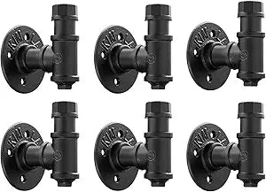 6 Pack Rustic Style Industrial Iron Pipe Coat Towel Holder Wall Hook for Hanging, Matte Black Wall Mounted Vintage Robe Clothes Hanger Heavy Duty Farmhouse,Mounting Hardware Included