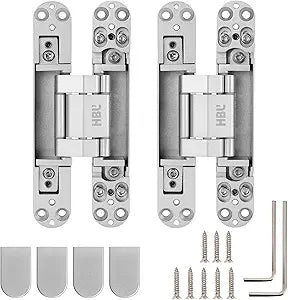 HBL' 2 Pack Hidden Door Hinges, 6 Inch Silver Heavy Duty Hidden Hinges for Secret Doors, 3-Way Adjustable to Bulid Conceal Bookcase Door