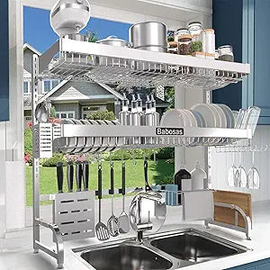 Over The Sink Dish Drying Rack,3 Tier Adjustable Length (25.5'' to 37.4'') Full Stainless Steel Large Storage Kitchen Dish Rack,For Kitchen Counter Expandable Multifunctional Organizers,Silver