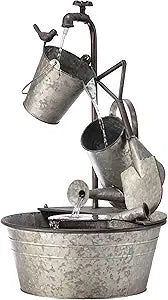 Alpine Corporation YHL106 Outdoor Floor 3-Tiered Metal Garden Tools Water Fountain, Tools and Faucet Waterfall, 28", Gray