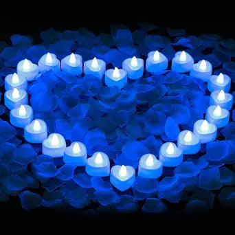 cridoz Blue Rose Petals for Romantic Night for him Set, 2000 Pieces Artificial Rose Petals with 24 Pieces Flameless LED Candles for Decoration Wedding Party Valentine's Day(Blue)
