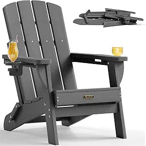 Folding Adirondack Chair, HDPE All-Weather Fire Pit Chairs, Plastic Adirondack Chairs with 2 Cup Holder, Outdoor Lawn Chair for Patio Garden (Grey)