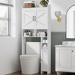 Homhedy Over The Toilet Storage Cabinet with 2 Barn Door and Toilet Paper Holder Stand, FreeStanding Toilet Shelf Space Saver, for Bathroom, Restroom, Laundry, White