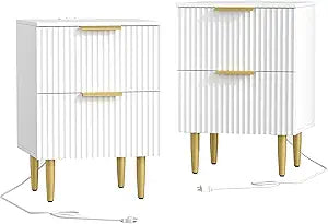 Akxomel White Nightstand Set of 2, Fluted Night Stand with Charging Station, 13.8" D x 15" W x 23.2" H, 2 Drawers Modern Bedside Table with USB Ports and Outlets, Golden Side Table for Bedroom