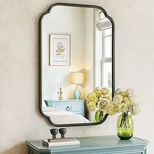 Black Bathroom Scalloped Mirror for Over Sink, 20 x 30 Rounded Corner Rectangle Wall Mirrors with Metal Frame, Modern Vanity Mirror for Mantel, Living Room, Bedroom, Horizontal or Vertical